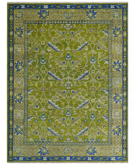 Traditional Floral Green and Blue Hand Knotted Multi size wool area rug