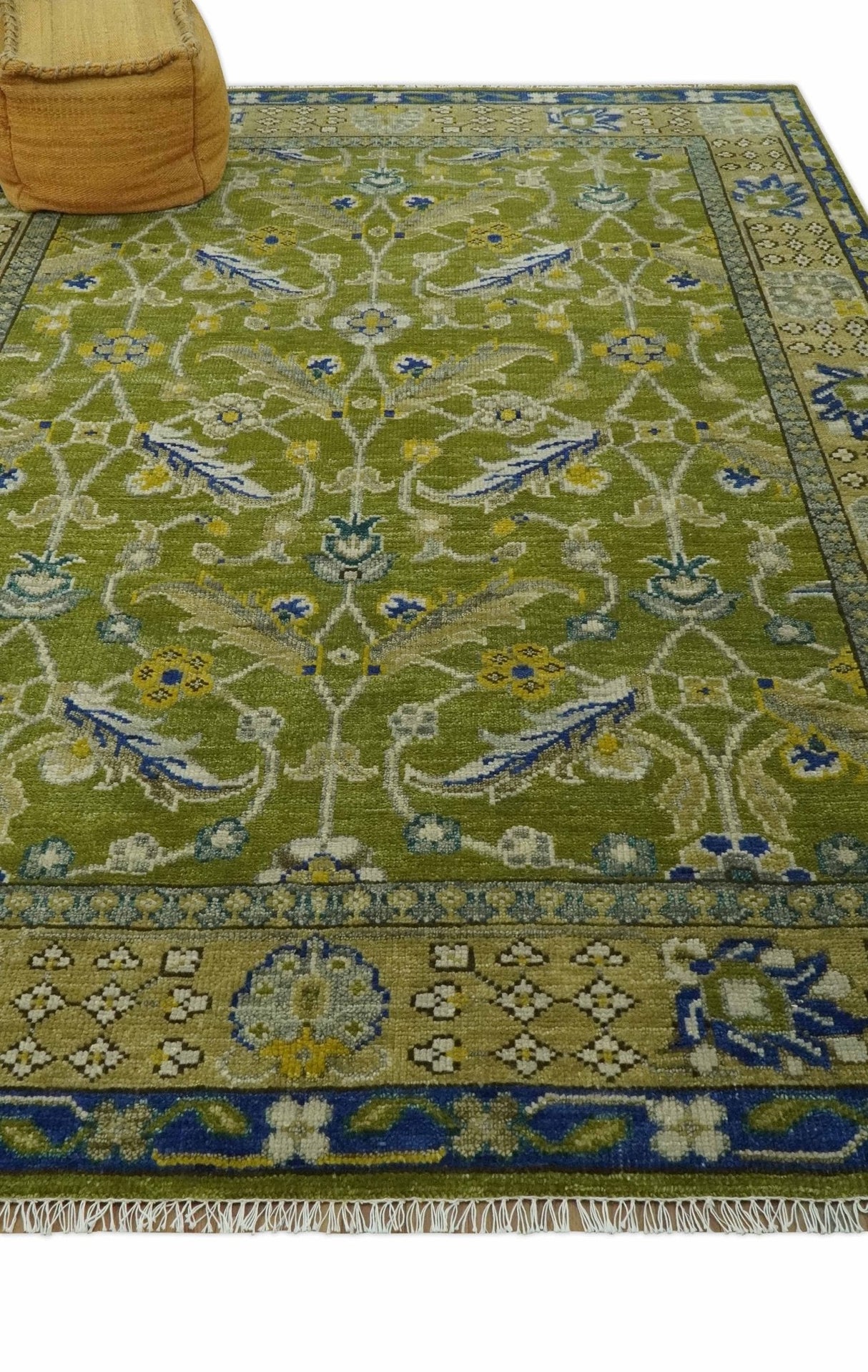 Traditional Floral Green and Blue Hand Knotted Multi size wool area rug