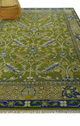 Traditional Floral Green and Blue Hand Knotted Multi size wool area rug