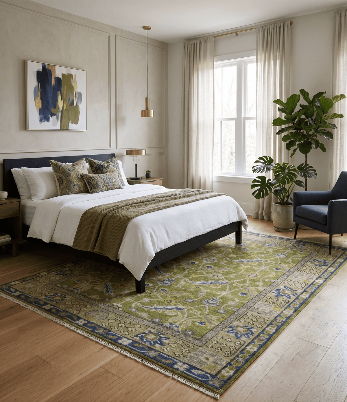 Traditional Floral Green and Blue Hand Knotted Multi size wool area rug