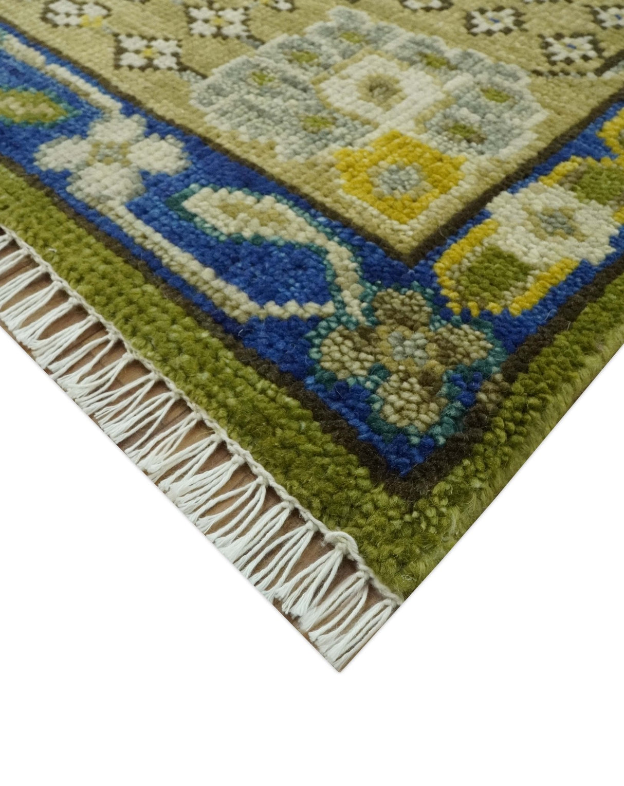 Traditional Floral Green and Blue Hand Knotted Multi size wool area rug
