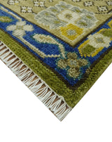 Traditional Floral Green and Blue Hand Knotted Multi size wool area rug