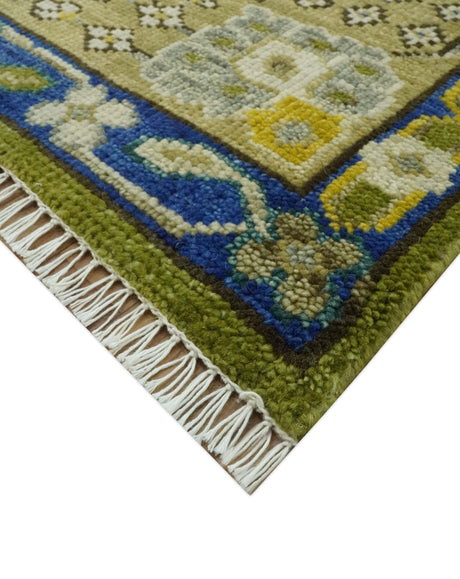 Traditional Floral Green and Blue Hand Knotted Multi size wool area rug