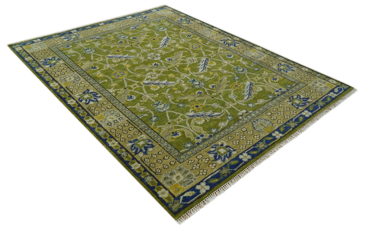 Traditional Floral Green and Blue Hand Knotted Multi size wool area rug