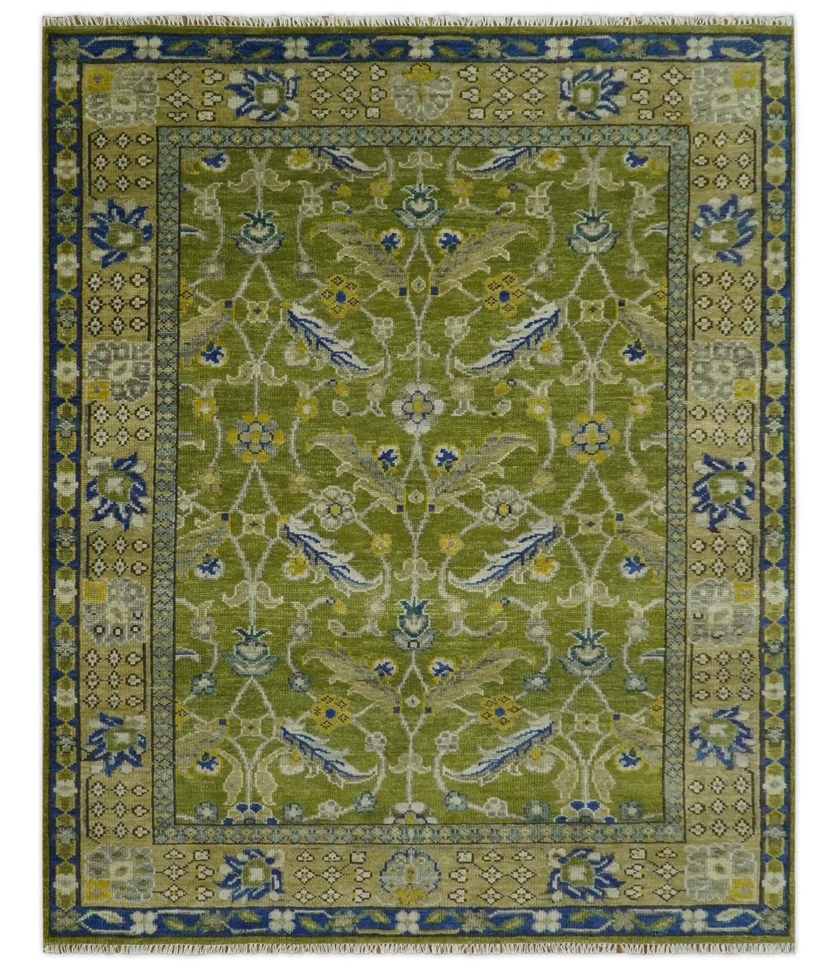 Traditional Floral Green and Blue Hand Knotted Multi size wool area rug