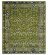 Traditional Floral Green and Blue Hand Knotted Multi size wool area rug