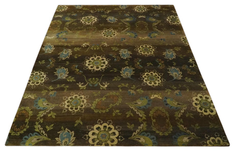 Traditional Floral Green, Beige, Brown and Teal Fine Hand knotted wool Area Rug