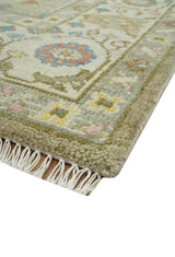 Traditional Floral Olive and Ivory Hand Knotted Oriental Oushak Custom Made wool area rug