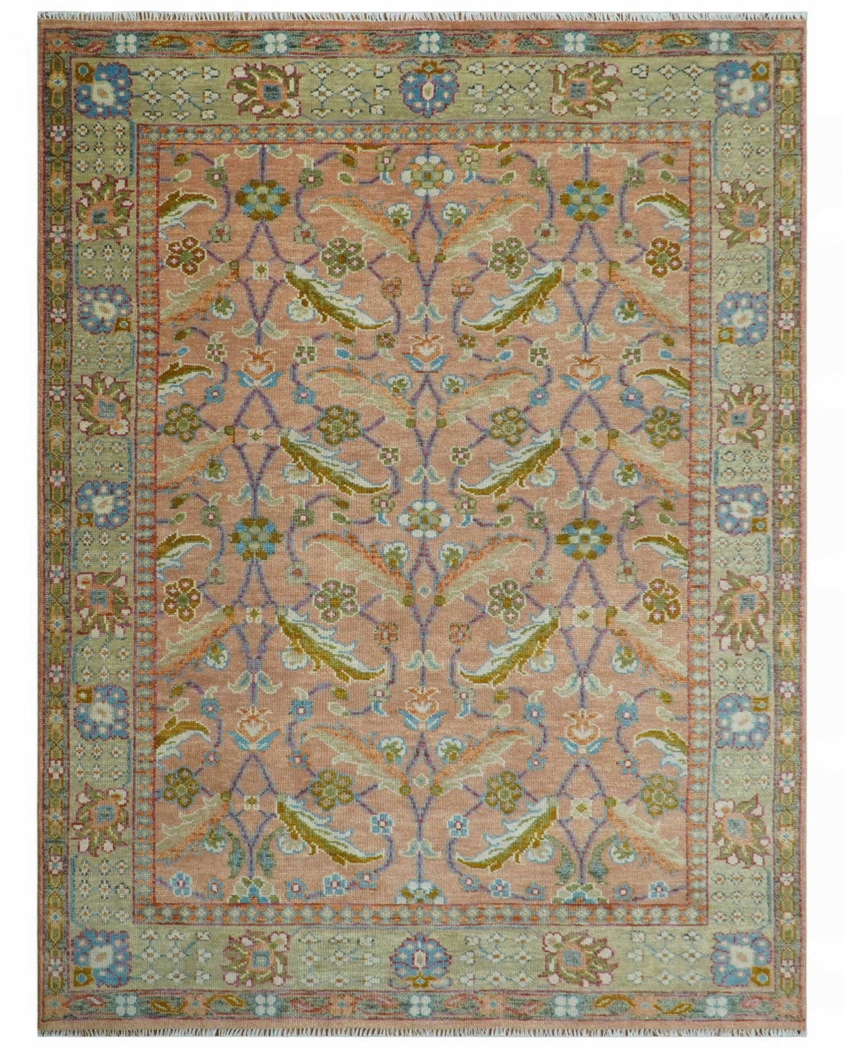 Traditional Floral Peach and Green Hand Knotted Custom Made wool area rug
