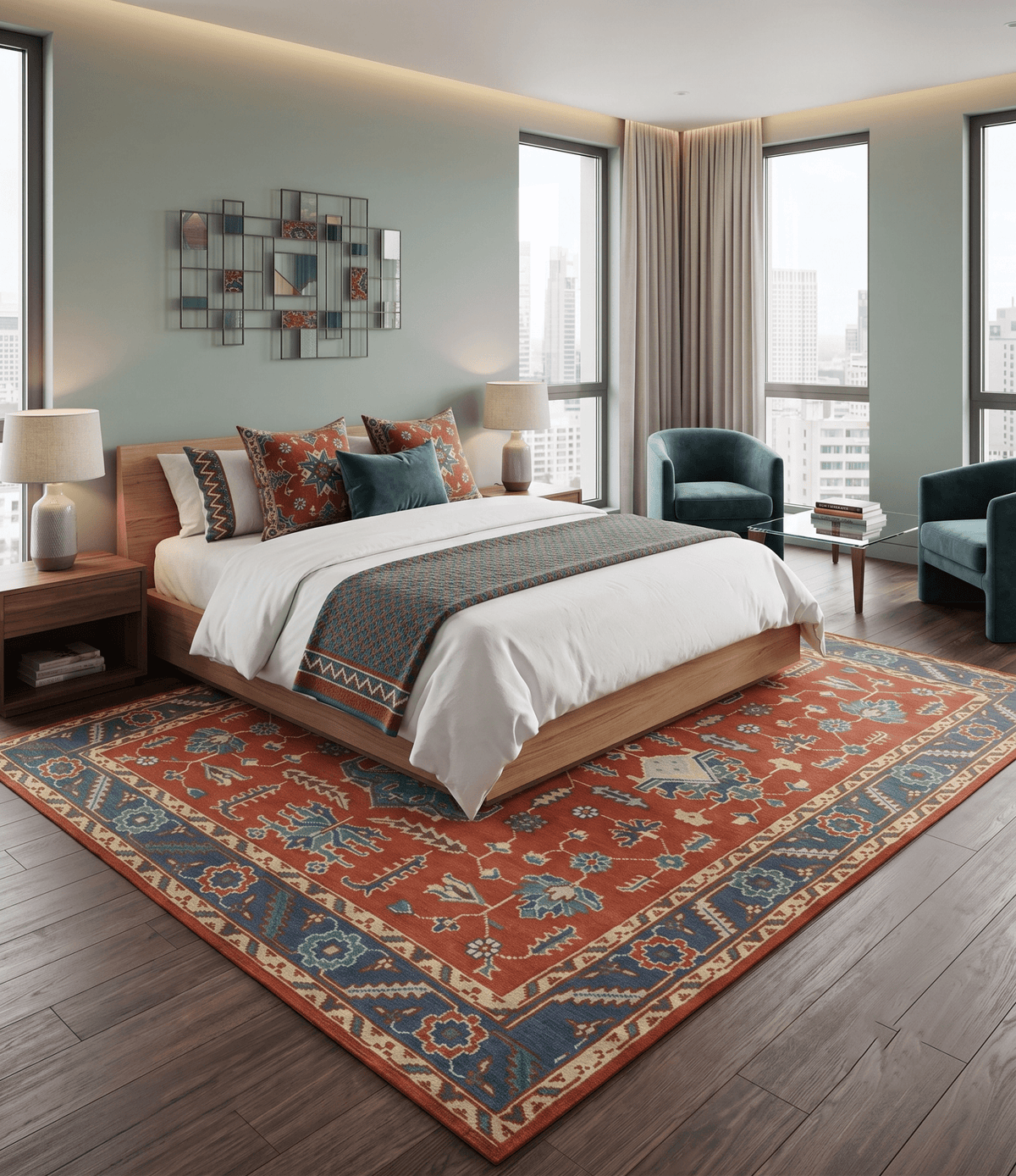 Traditional Floral Red, Blue, Beige and Green Hand Knotted Medallion Custom Made wool Area Rug