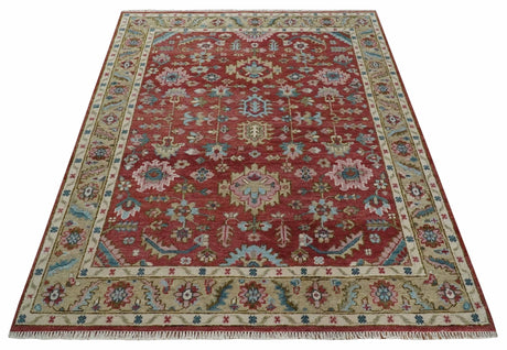 Traditional Floral Rust, Beige and Teal Hand knotted 8x10 Oushak wool Area Rug