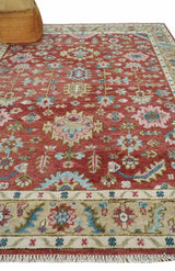 Traditional Floral Rust, Beige and Teal Hand knotted 8x10 Oushak wool Area Rug