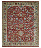 Traditional Floral Rust, Beige and Teal Hand knotted 8x10 Oushak wool Area Rug