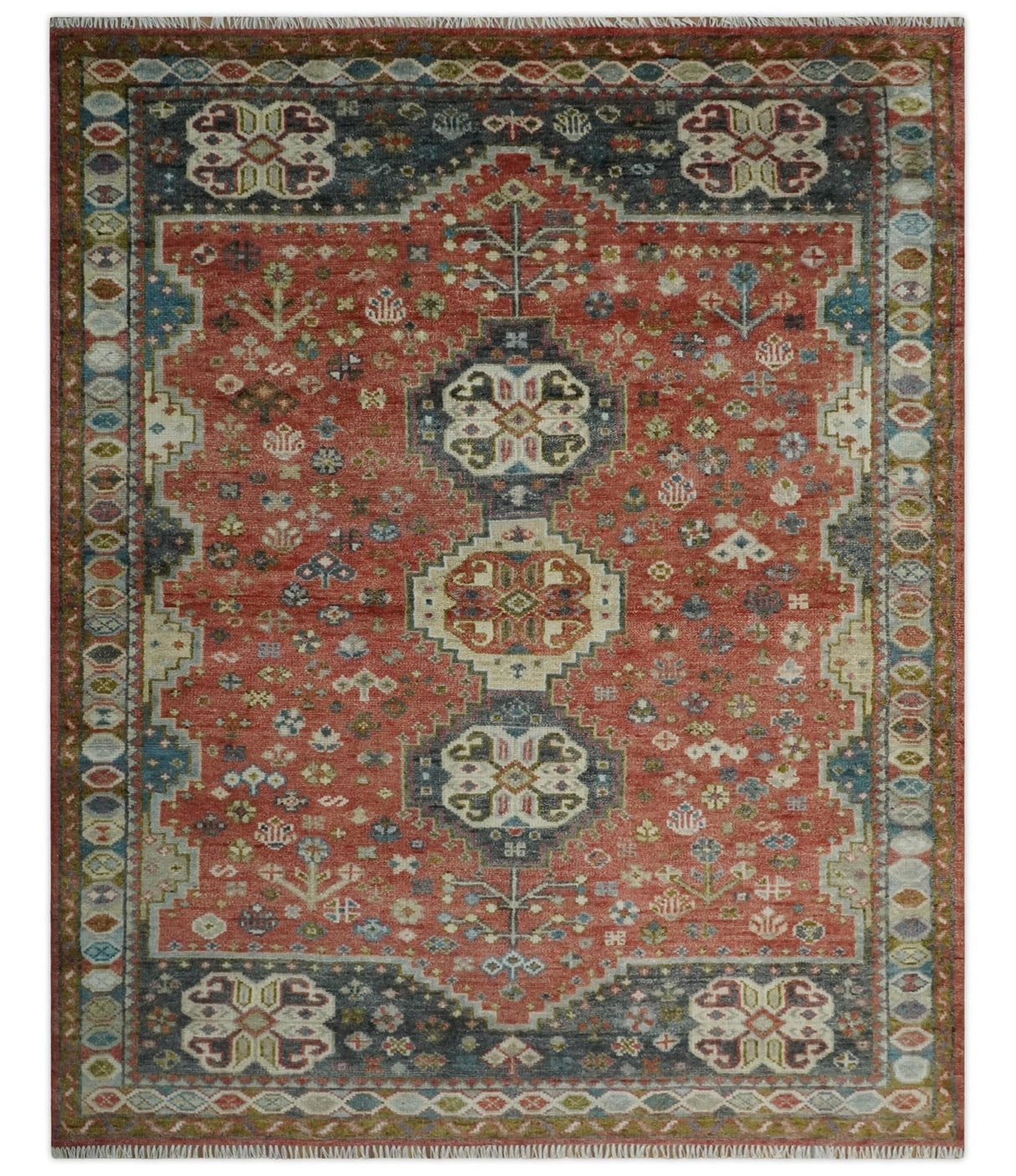 Traditional floral Rust, Charcoal and Beige Mamluk design 8x10 wool Area Rug
