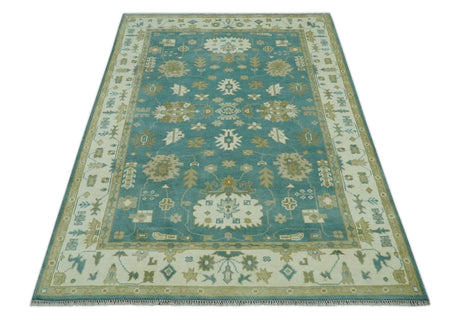 Traditional Floral Teal, Ivory and Beige Oriental Hand Knotted Multi Size wool rug