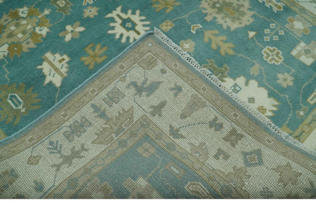 Traditional Floral Teal, Ivory and Beige Oriental Hand Knotted Multi Size wool rug
