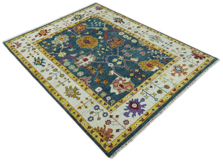 Traditional Floral Teal, Ivory and Mustard Hand Knotted Oriental Oushak wool Area Rug