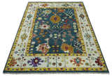 Traditional Floral Teal, Ivory and Mustard Hand Knotted Oriental Oushak wool Area Rug