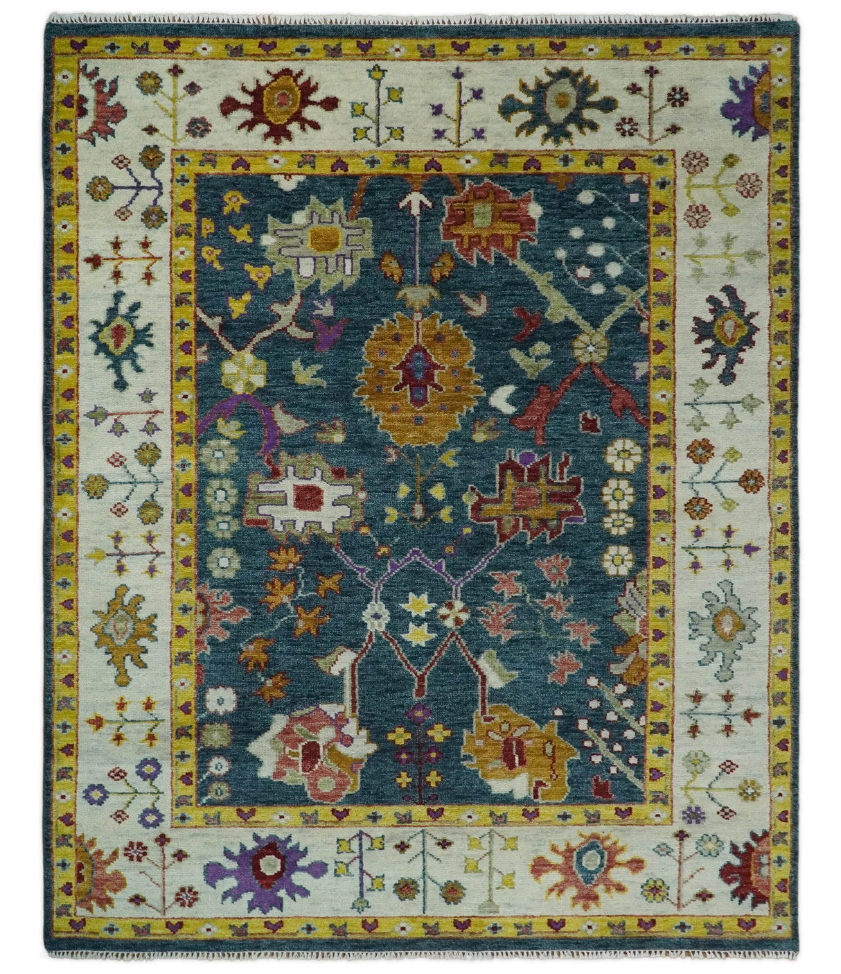 Traditional Floral Teal, Ivory and Mustard Hand Knotted Oriental Oushak wool Area Rug