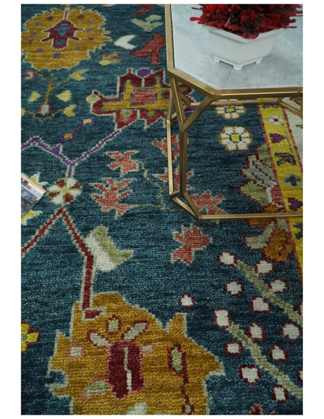 Traditional Floral Teal, Ivory and Mustard Hand Knotted Oriental Oushak wool Area Rug
