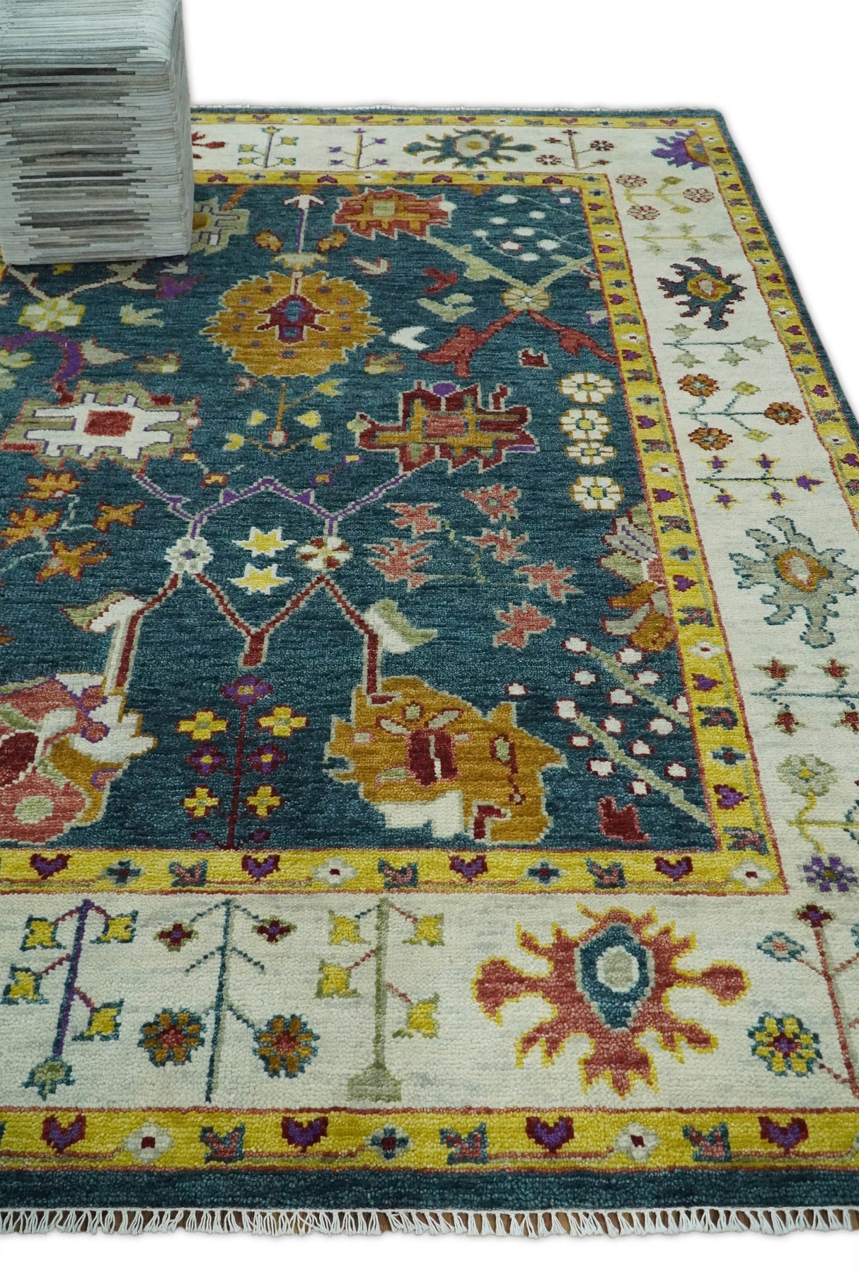 Traditional Floral Teal, Ivory and Mustard Hand Knotted Oriental Oushak wool Area Rug
