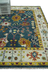 Traditional Floral Teal, Ivory and Mustard Hand Knotted Oriental Oushak wool Area Rug