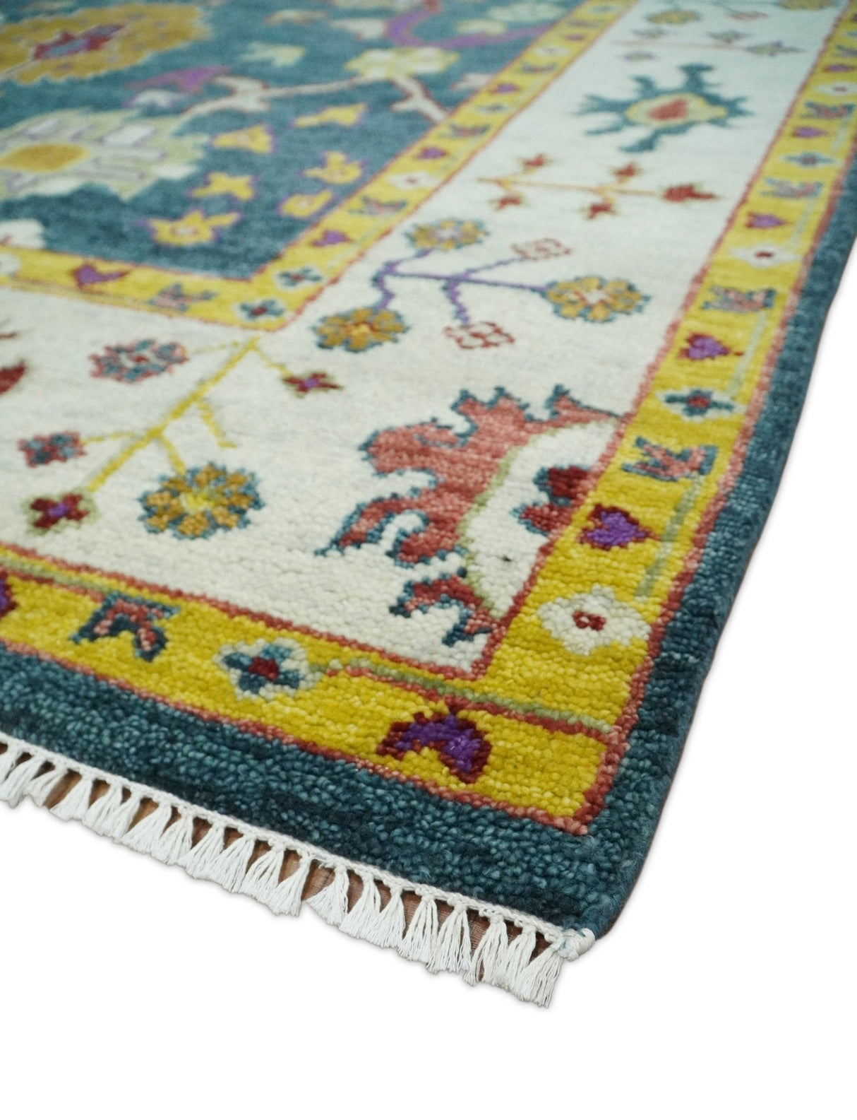 Traditional Floral Teal, Ivory and Mustard Hand Knotted Oriental Oushak wool Area Rug