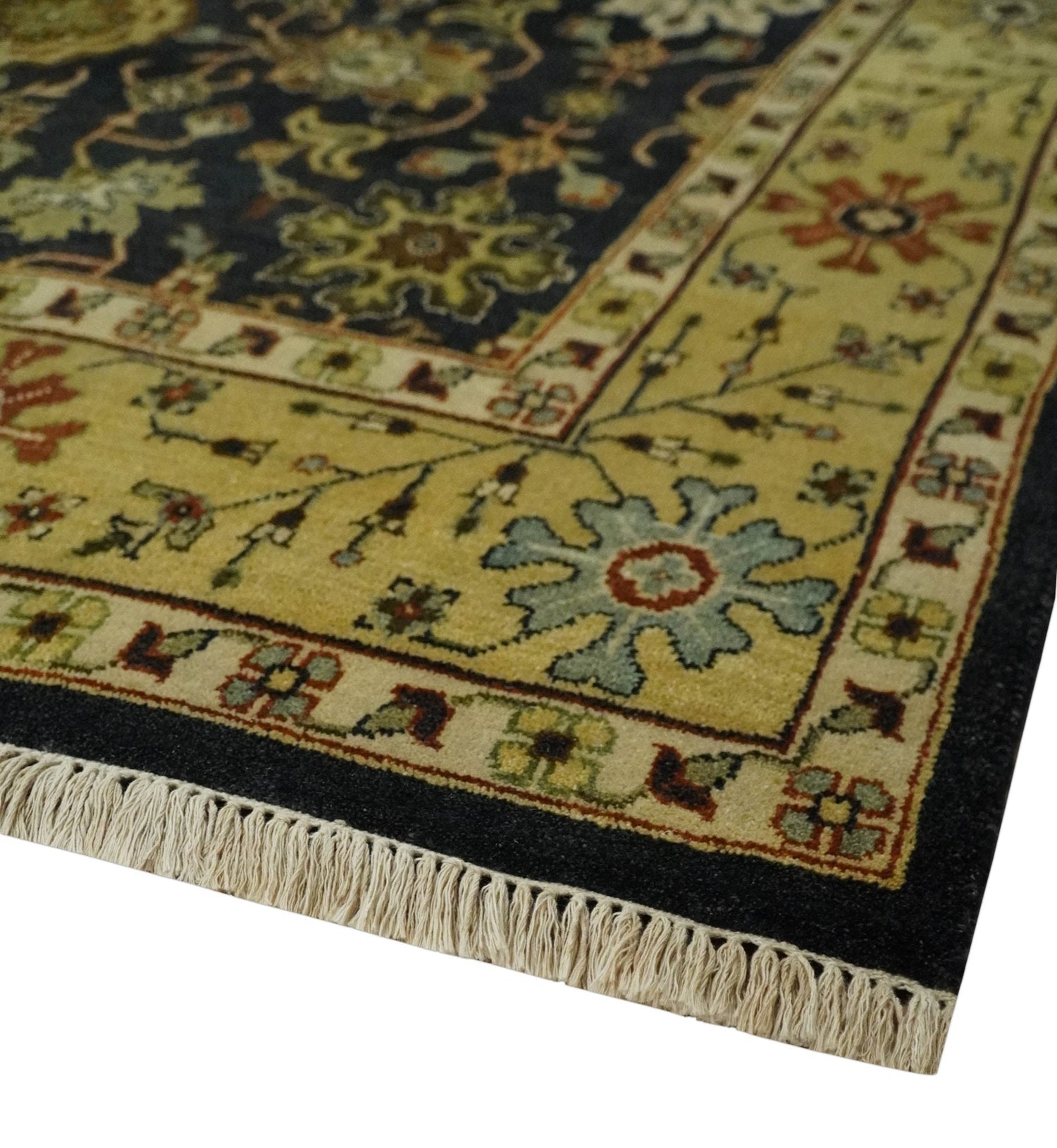 Traditional Floral Vintage Style Black and Olive Hand knotted 8x10 wool area Rug