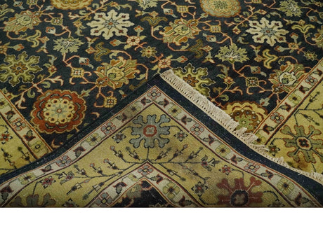 Traditional Floral Vintage Style Black and Olive Hand knotted 8x10 wool area Rug