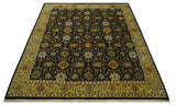 Traditional Floral Vintage Style Black and Olive Hand knotted 8x10 wool area Rug