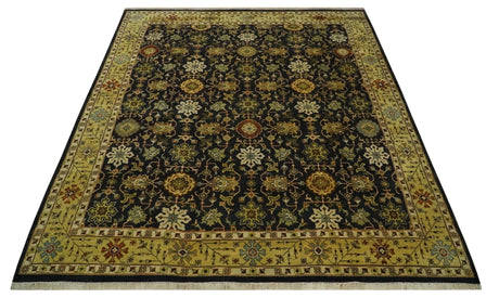 Traditional Floral Vintage Style Black and Olive Hand knotted 8x10 wool area Rug