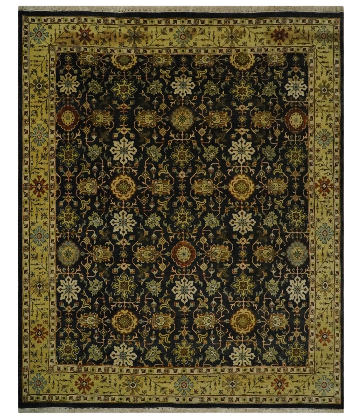 Traditional Floral Vintage Style Black and Olive Hand knotted 8x10 wool area Rug