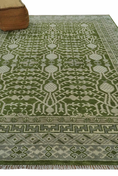 Traditional Hand knotted Royal Green and Ivory Turkish Design wool Area Rug