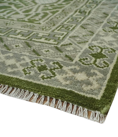 Traditional Hand knotted Royal Green and Ivory Turkish Design wool Area Rug