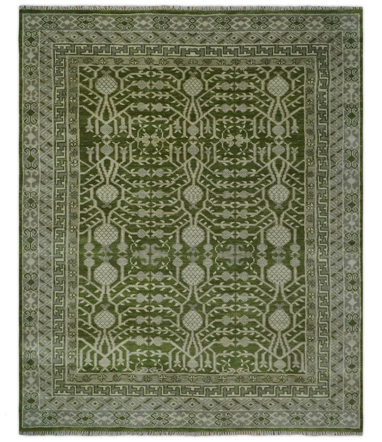 Traditional Hand knotted Royal Green and Ivory Turkish Design wool Area Rug