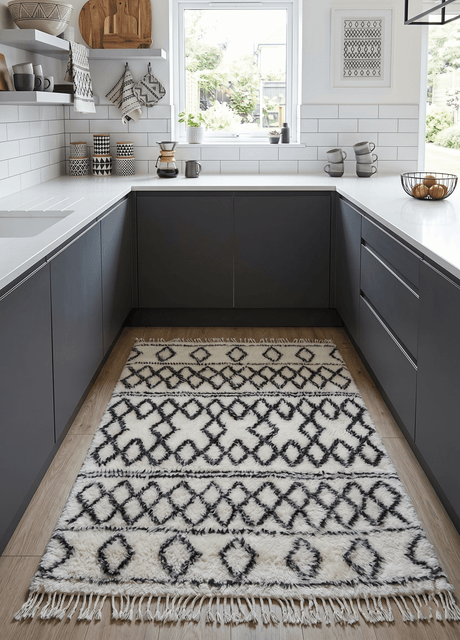 Traditional Hand Made Moroccan Design Black And White Wool 4x6 Area Rug