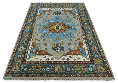 Traditional Heriz Blue, silver, Charcoal and Ivory Hand Knotted wool Area Rug