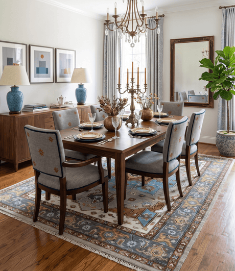 Traditional Heriz Blue, silver, Charcoal and Ivory Hand Knotted wool Area Rug