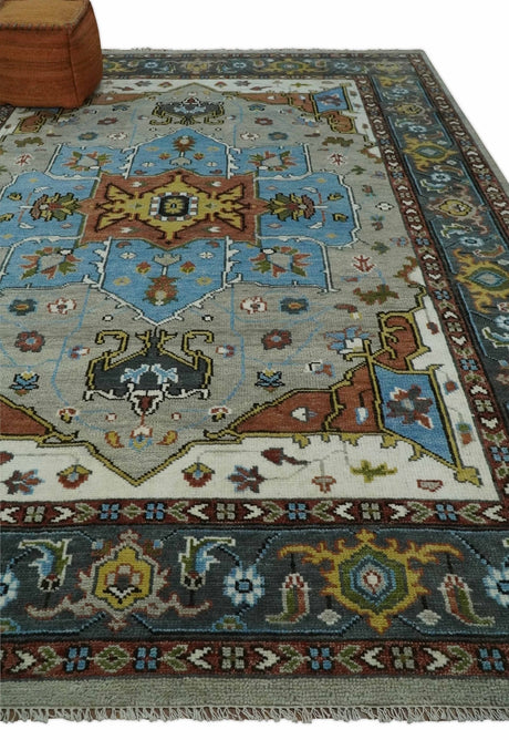 Traditional Heriz Blue, silver, Charcoal and Ivory Hand Knotted wool Area Rug