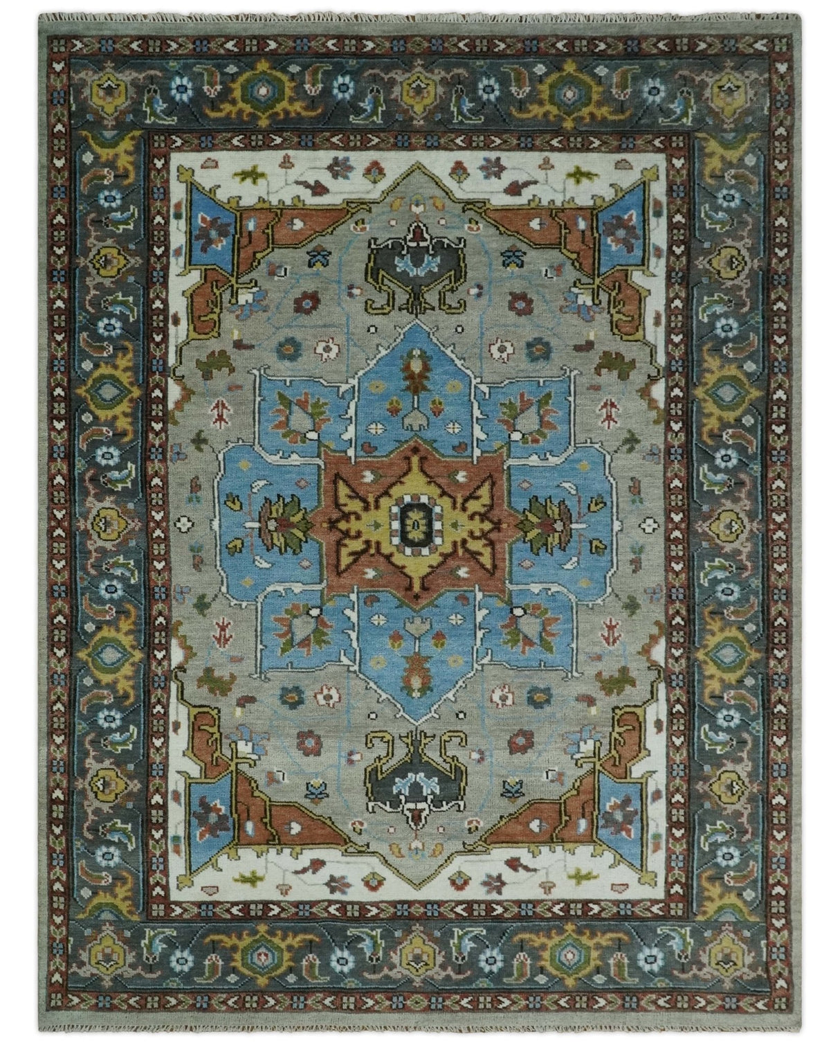 Traditional Heriz Blue, silver, Charcoal and Ivory Hand Knotted wool Area Rug