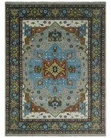 Traditional Heriz Blue, silver, Charcoal and Ivory Hand Knotted wool Area Rug
