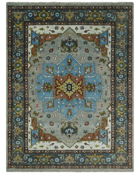 Traditional Heriz Blue, silver, Charcoal and Ivory Hand Knotted wool Area Rug