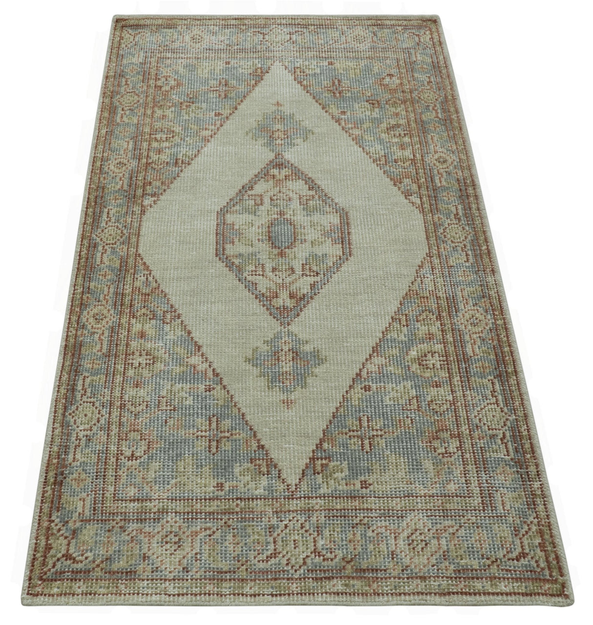 Traditional Heriz Design Beige And Blue Hand Knotted 3x5 Wool Area Rug