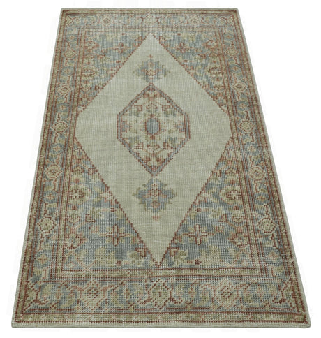 Traditional Heriz Design Beige And Blue Hand Knotted 3x5 Wool Area Rug