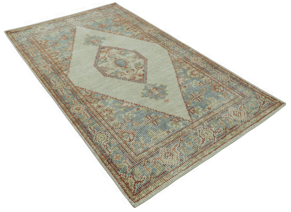 Traditional Heriz Design Beige And Blue Hand Knotted 3x5 Wool Area Rug