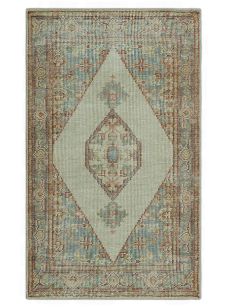 Traditional Heriz Design Beige And Blue Hand Knotted 3x5 Wool Area Rug