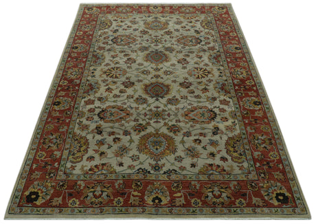 Traditional Heriz Design Beige And Brown 6x9 Hand Knotted Wool Area Rug