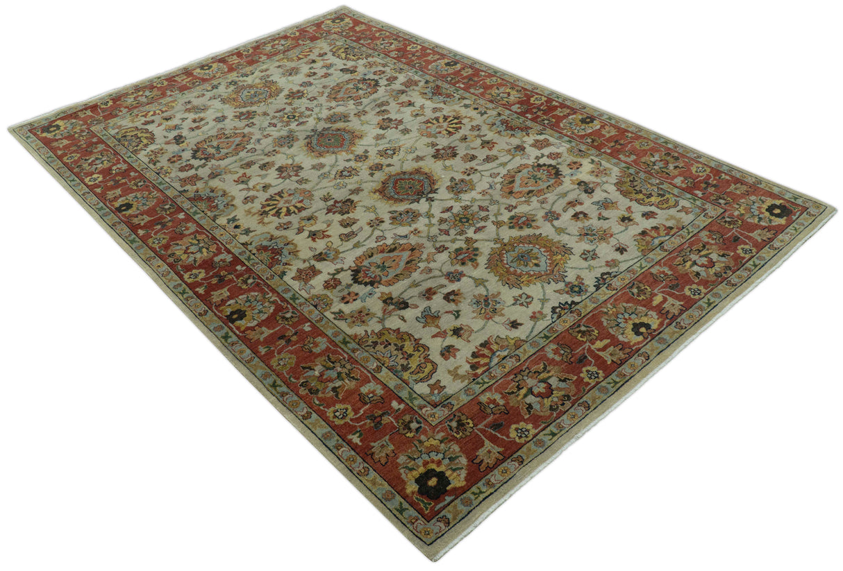 Traditional Heriz Design Beige And Brown 6x9 Hand Knotted Wool Area Rug