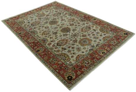 Traditional Heriz Design Beige And Brown 6x9 Hand Knotted Wool Area Rug
