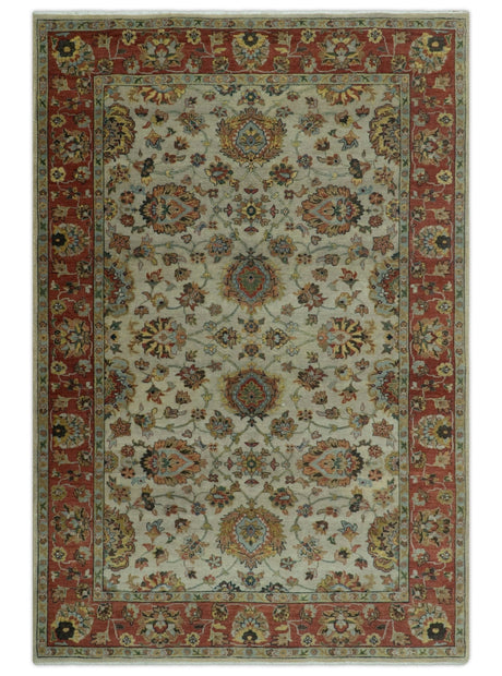 Traditional Heriz Design Beige And Brown 6x9 Hand Knotted Wool Area Rug